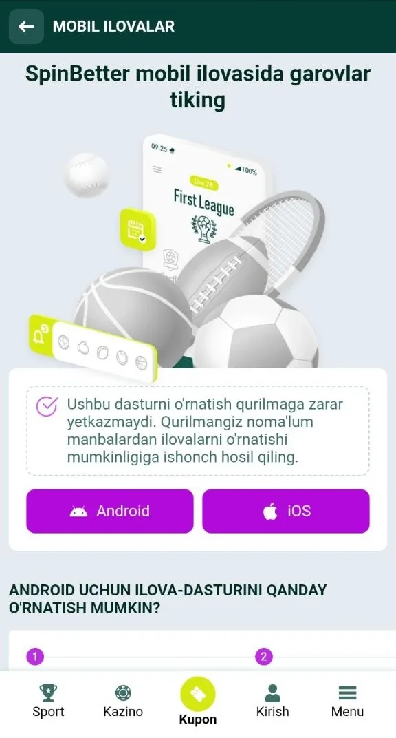 SpinBetter yuklab olish — mobil ilova sahifasi