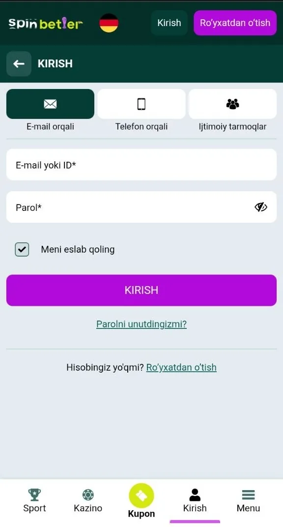 SpinBetter kirish — kazino hisobiga kirish oynasi