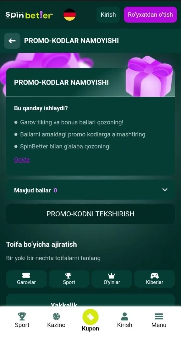 SpinBetter promo kodi — anketadagi kod kiritish maydoni