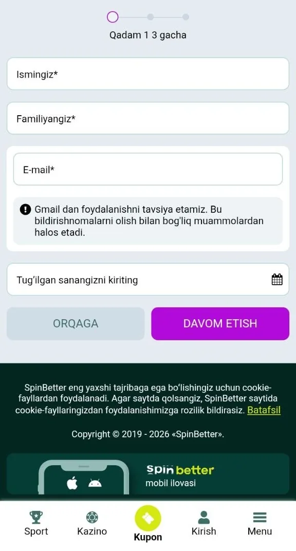 SpinBetter registratsiyasi — kazinoda hisob ochish anketasi
